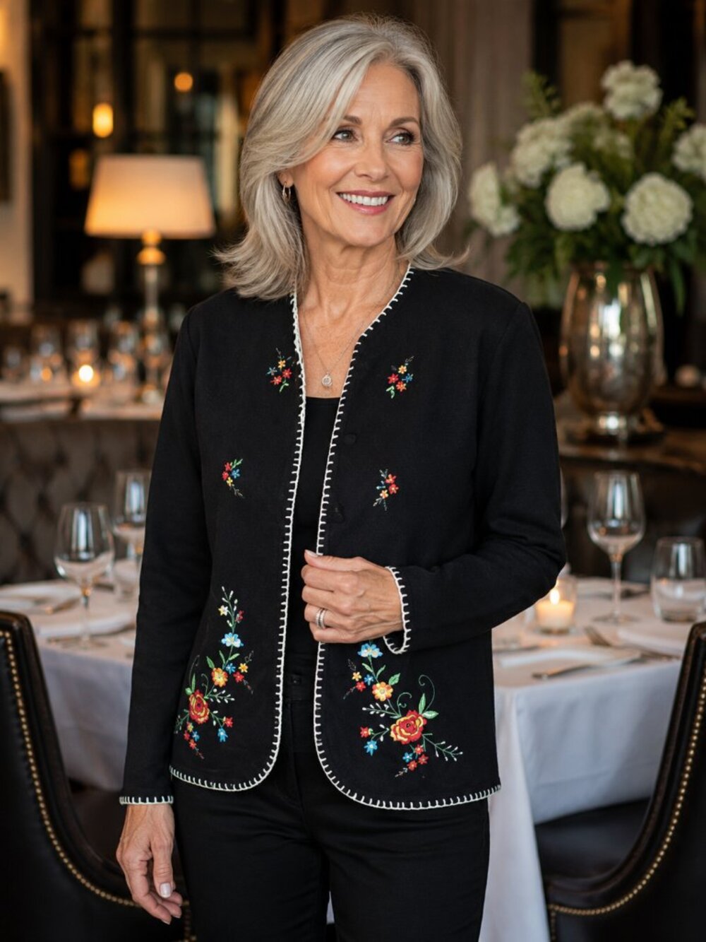 Erika womens jacket size medium black with roses Embroidered long sleeve